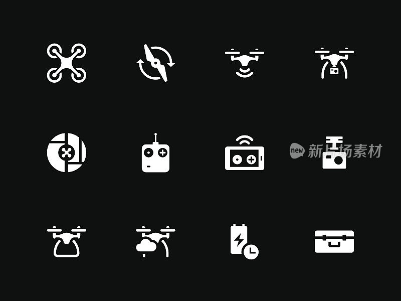 Drone and wireless remote control icons on black background.